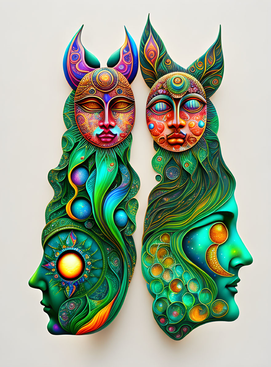Vibrant Artwork: Stylized Faces with Celestial and Nature Motifs