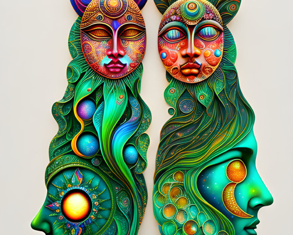 Vibrant Artwork: Stylized Faces with Celestial and Nature Motifs