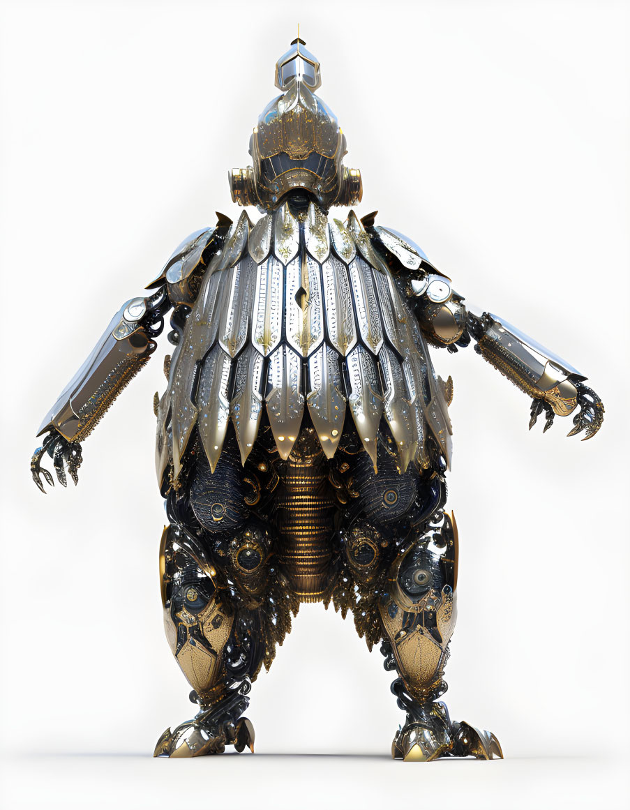 Intricate gold and silver armored robot with baroque design