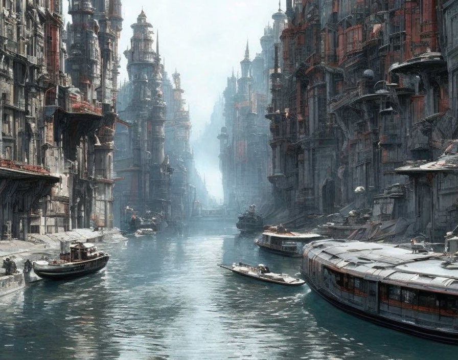 Futuristic dystopian cityscape with weathered buildings and murky canal.