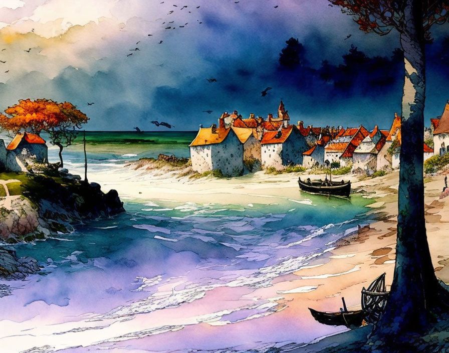 Seaside village watercolor painting with colorful houses and boat under twilight sky