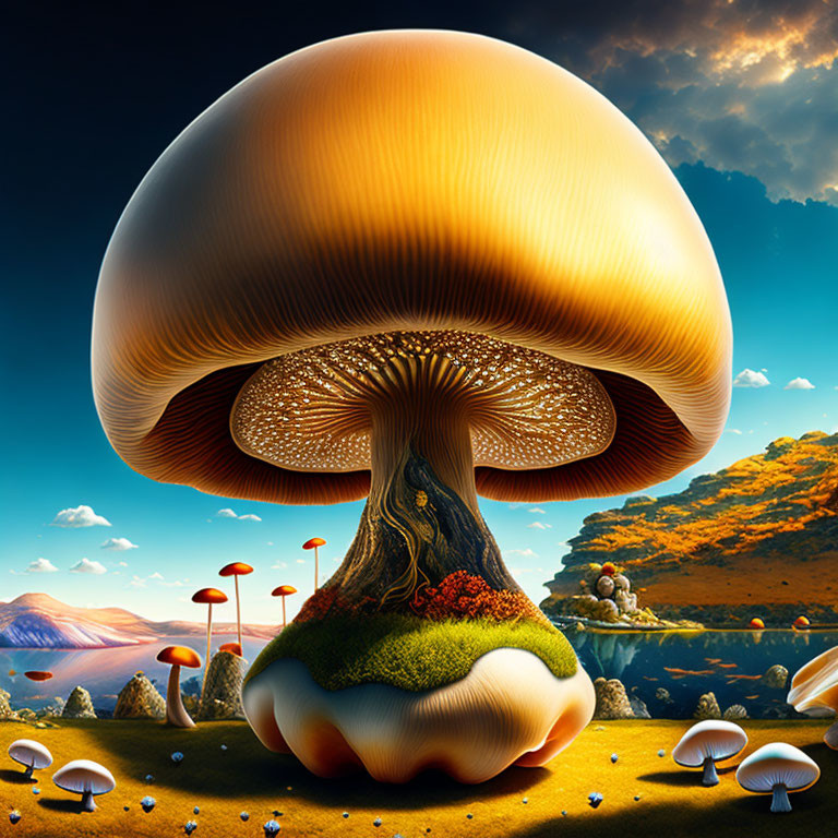 Fantastical landscape with giant mushroom, rolling hills, lake, and vibrant sky