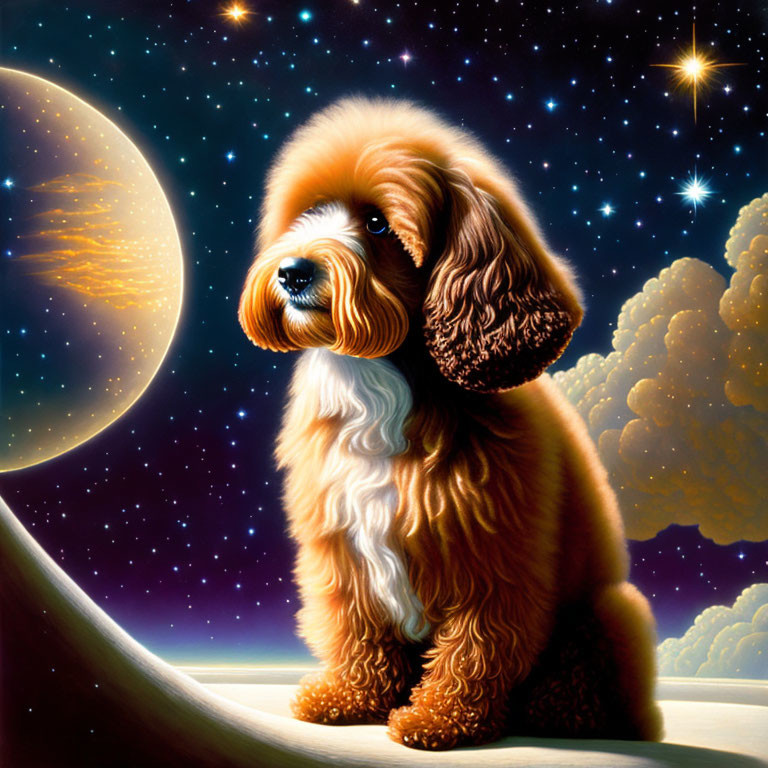 Fluffy dog with soulful eyes under starry night sky