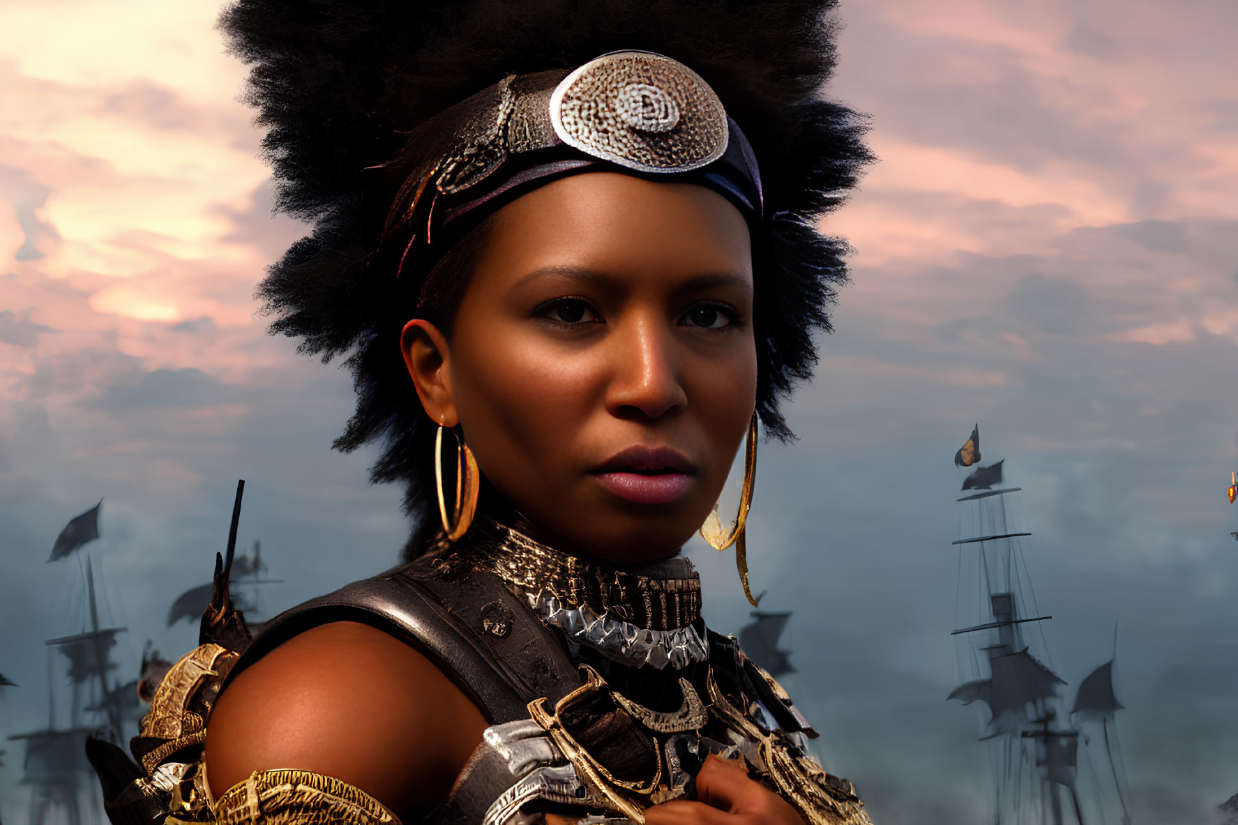 Confident African woman in traditional attire against sailboats and amber sky