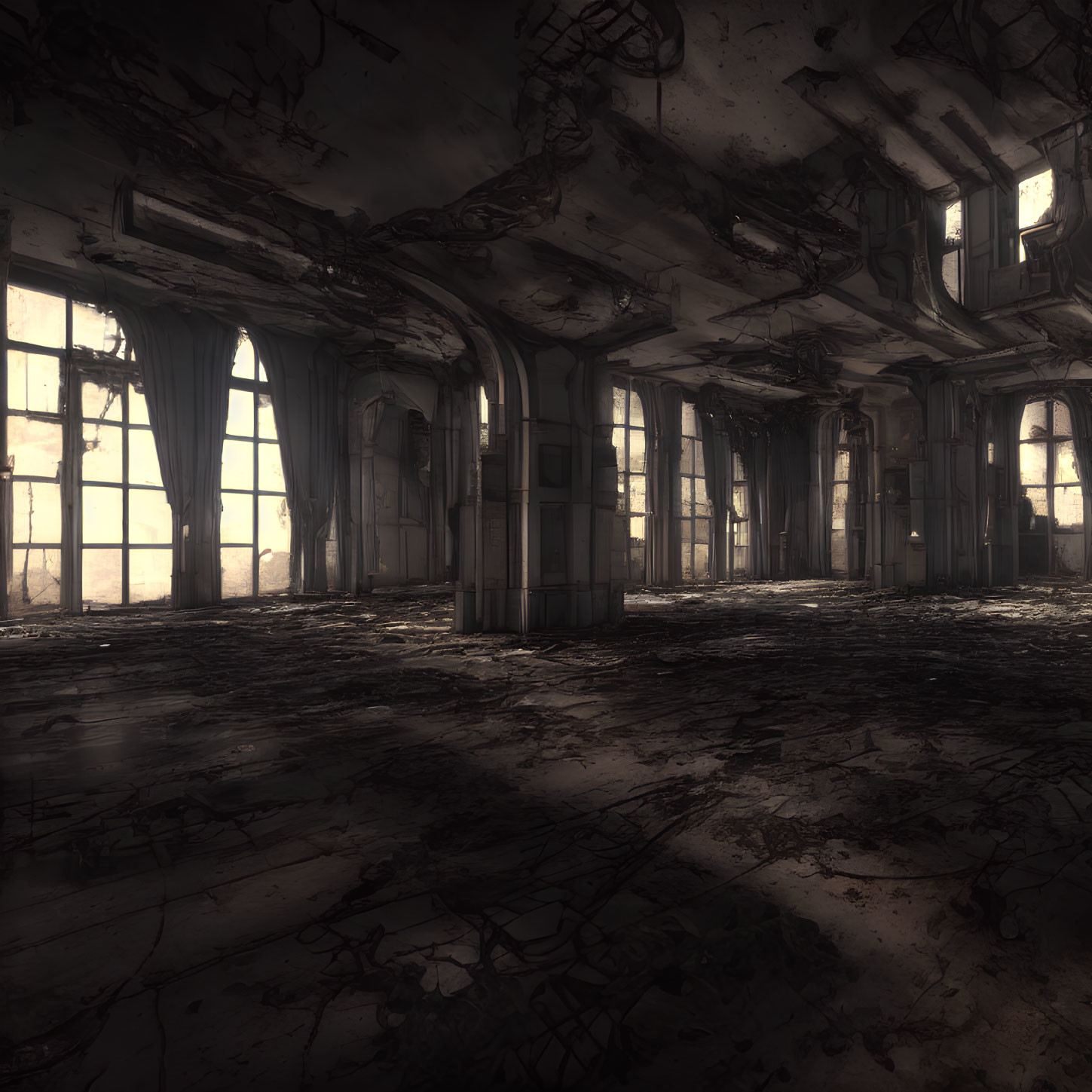 Abandoned hall with arched windows and damaged floors