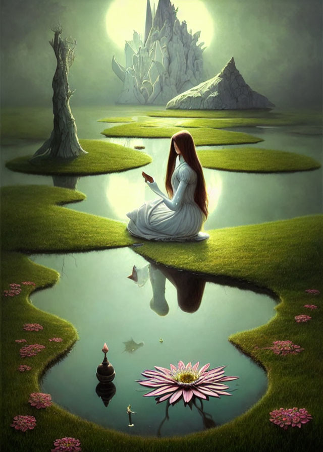 Woman in white on grassy islet with tiny boat in serene fantasy landscape