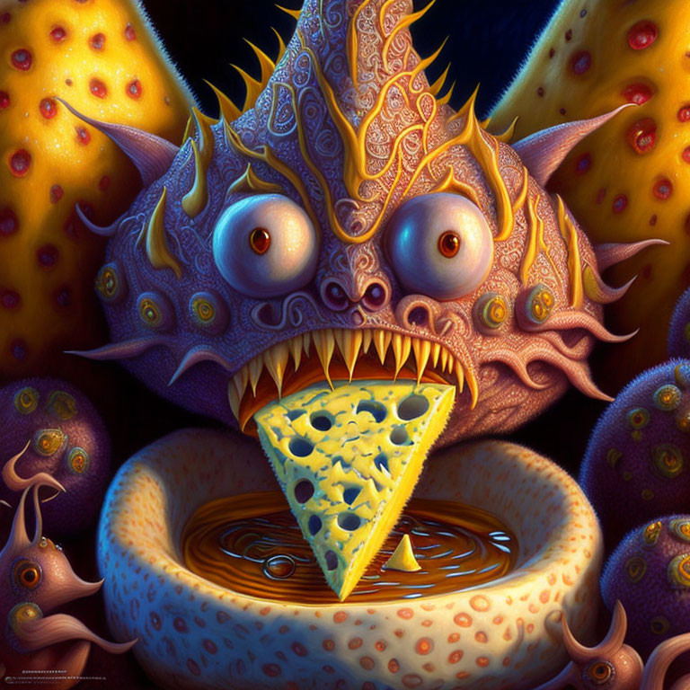 Colorful digital artwork of whimsical creature with dragon-cactus hybrid body dipping cheese into liquid bowl