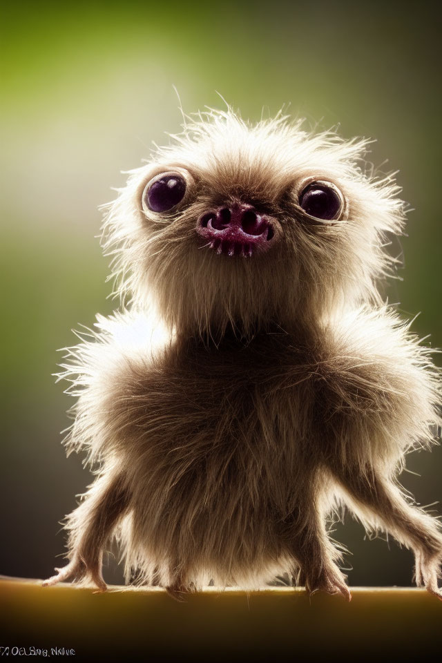 Small Furry Creature with Large Purple Eyes on Ledge with Green Background