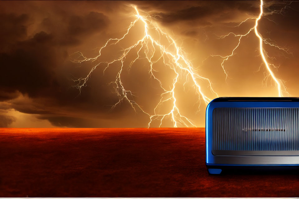 Blue Portable Battery Power Station Under Dramatic Lightning Sky