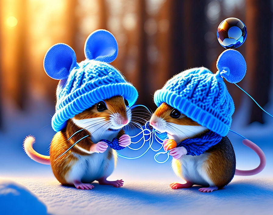 Two animated mice in blue hats with snowflake bubble in snowy forest