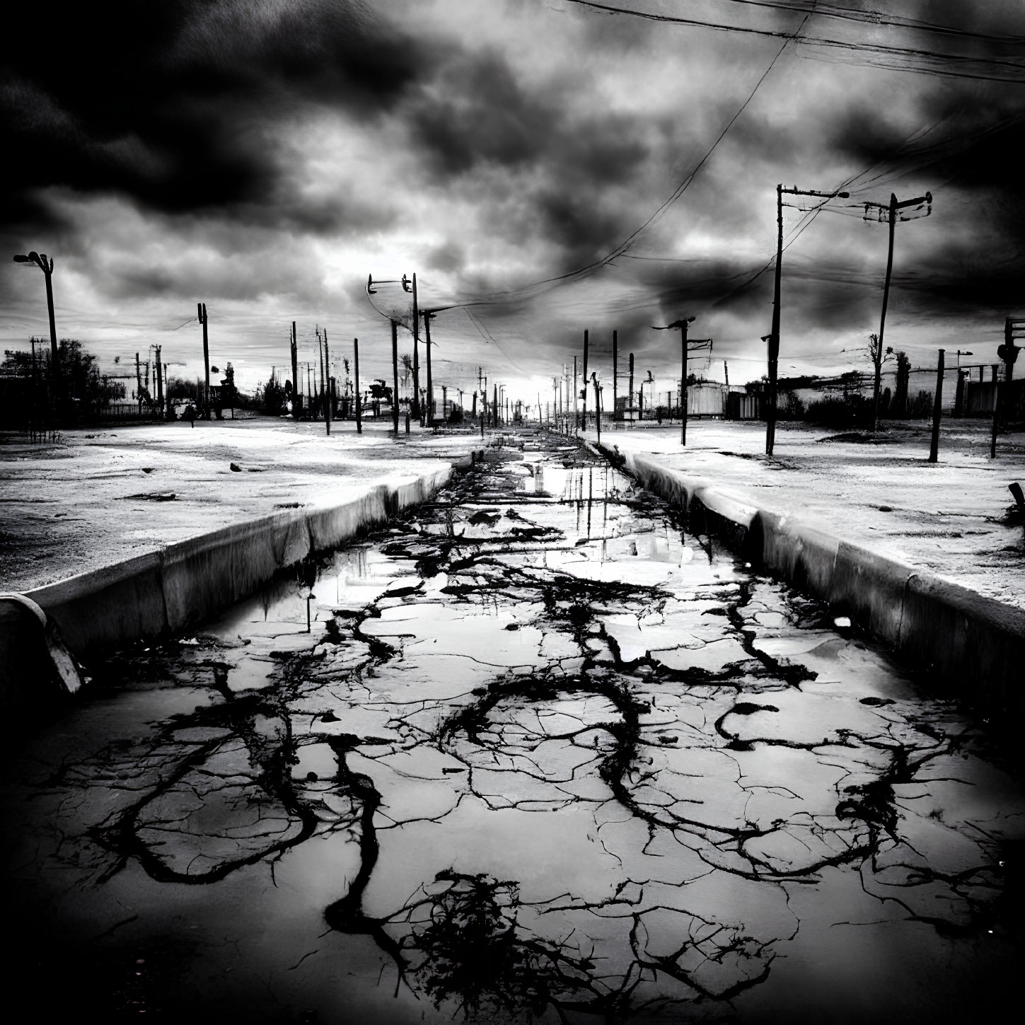 Monochrome urban landscape with cracked ground under dramatic sky