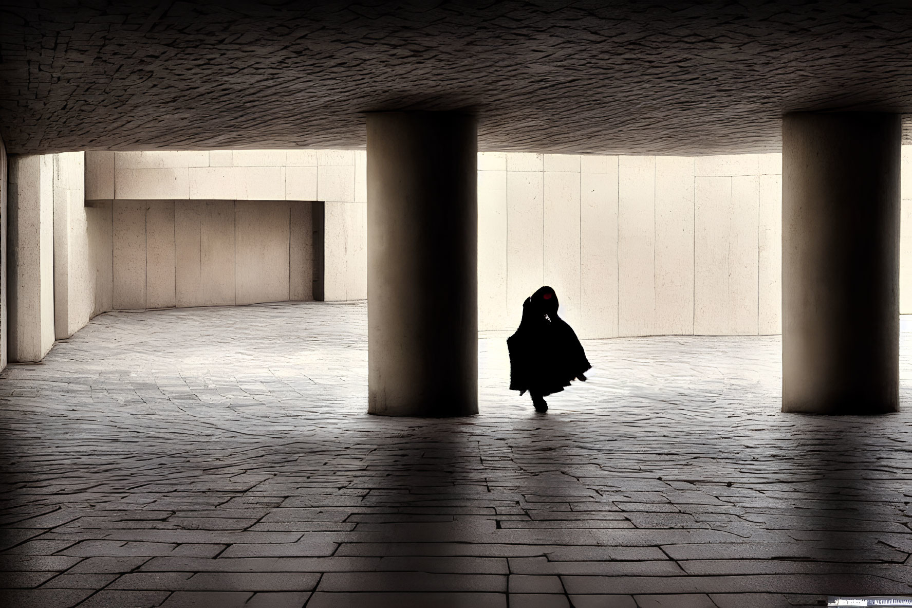 Silhouette of person walking under modern portico with geometric shapes.