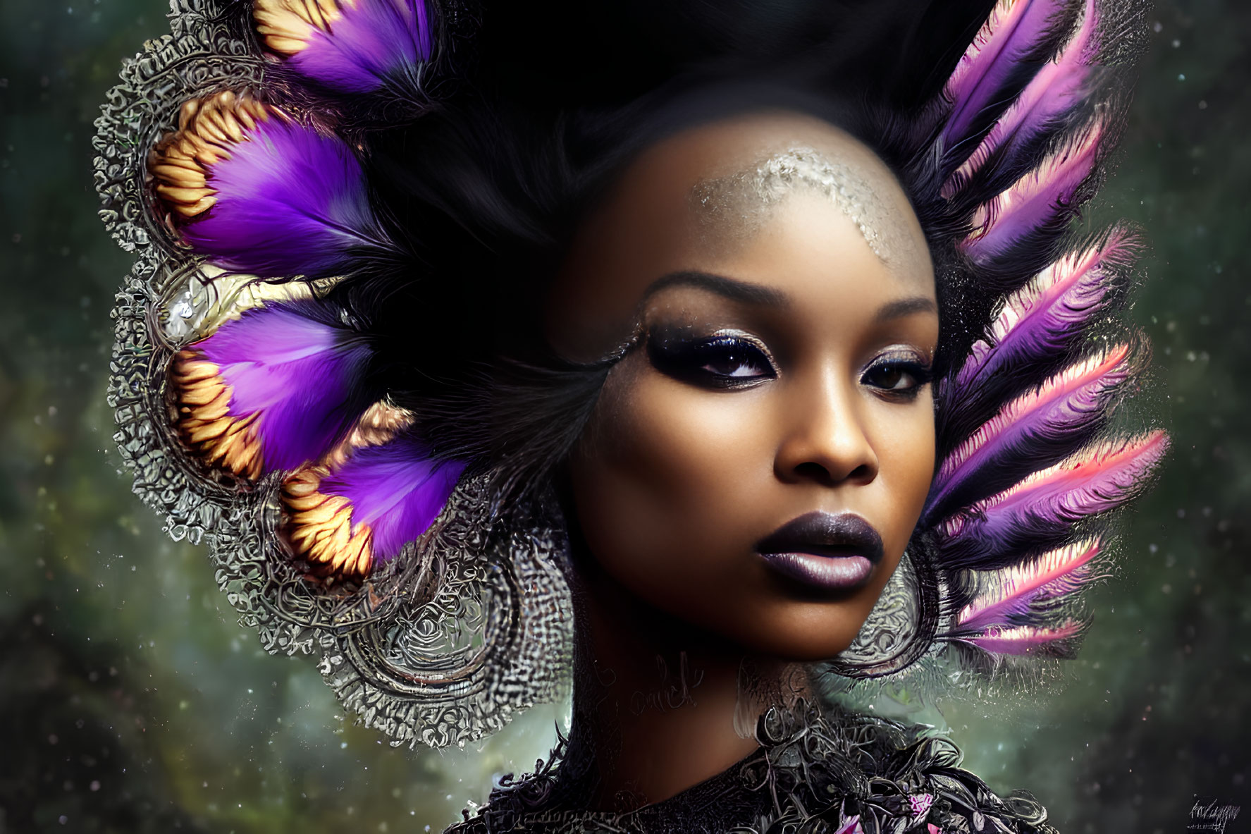 Elaborate feathered headwear digital portrait of a woman
