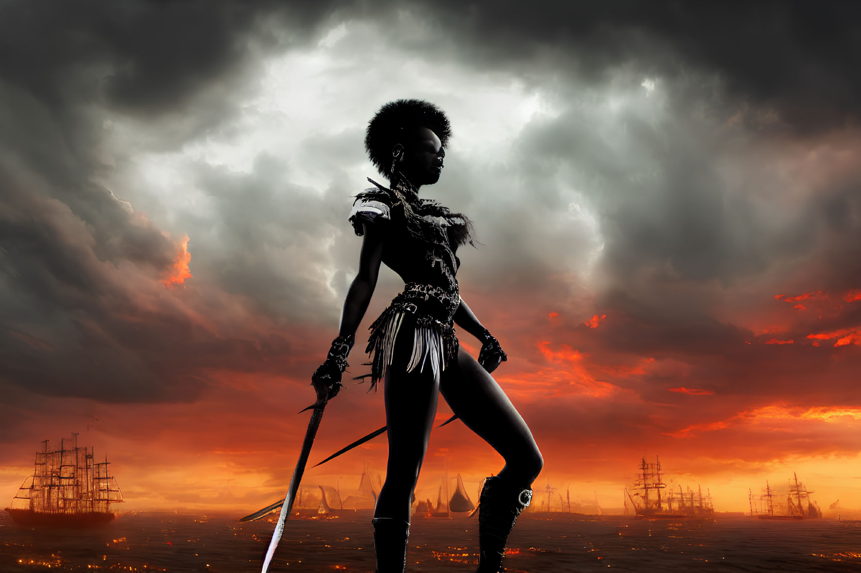 Silhouetted female figure with spear against fiery sky backdrop.