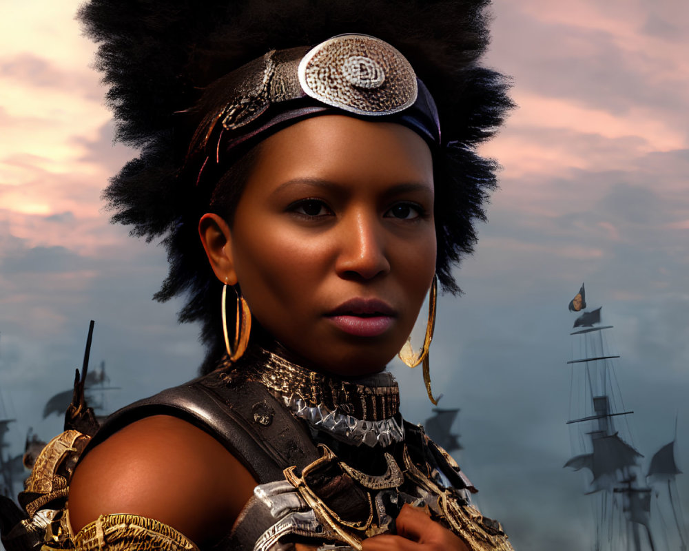 Confident African woman in traditional attire against sailboats and amber sky