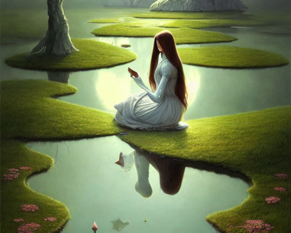 Woman in white on grassy islet with tiny boat in serene fantasy landscape