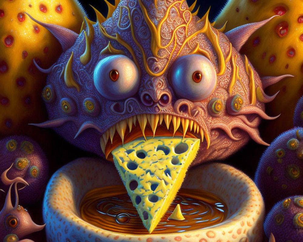 Colorful digital artwork of whimsical creature with dragon-cactus hybrid body dipping cheese into liquid bowl