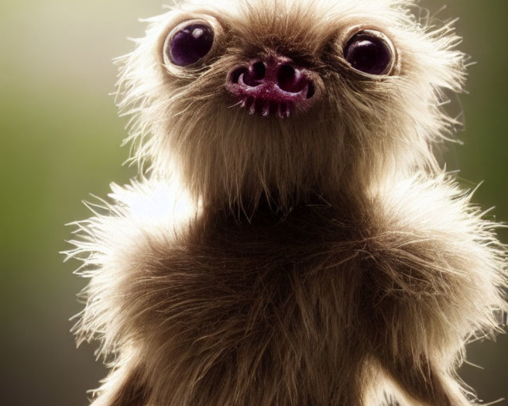 Small Furry Creature with Large Purple Eyes on Ledge with Green Background