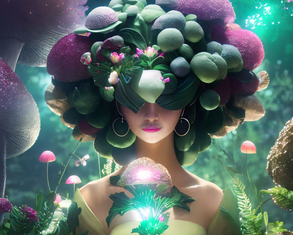 Mystical woman with green foliage headdress and glowing crystal in enchanted forest