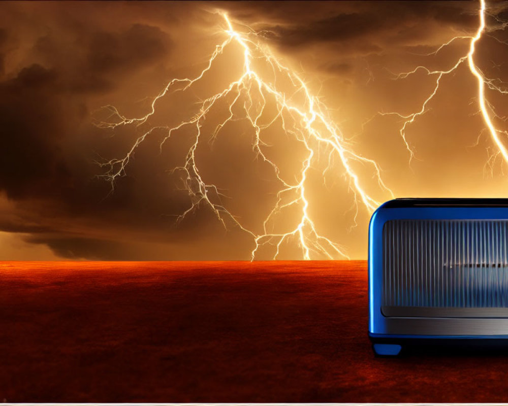 Blue Portable Battery Power Station Under Dramatic Lightning Sky