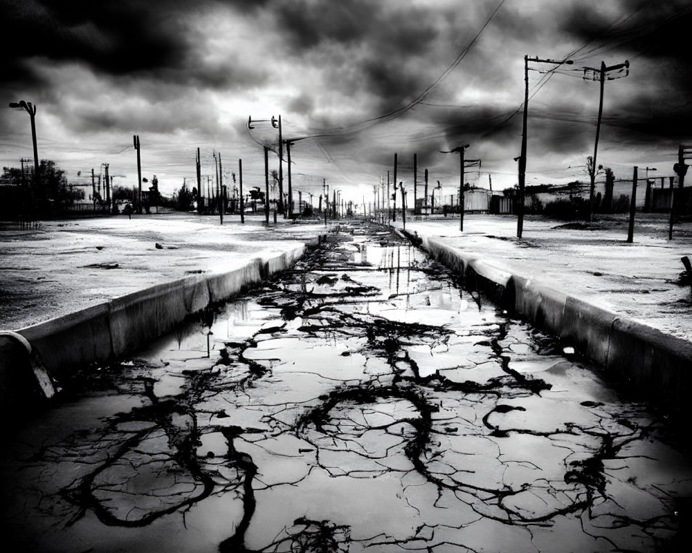 Monochrome urban landscape with cracked ground under dramatic sky