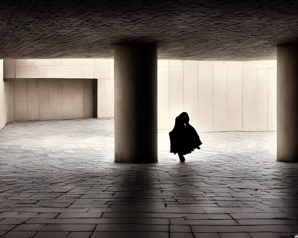 Silhouette of person walking under modern portico with geometric shapes.