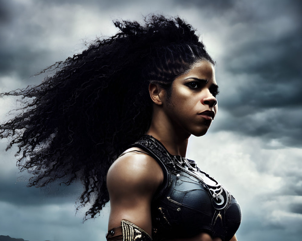 Curly-haired woman in warrior attire against stormy sky.