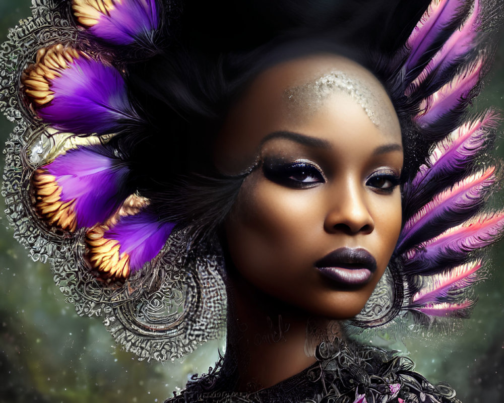 Elaborate feathered headwear digital portrait of a woman