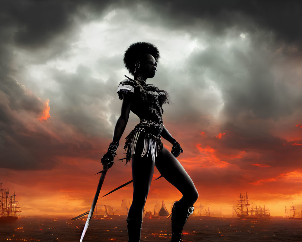 Silhouetted female figure with spear against fiery sky backdrop.