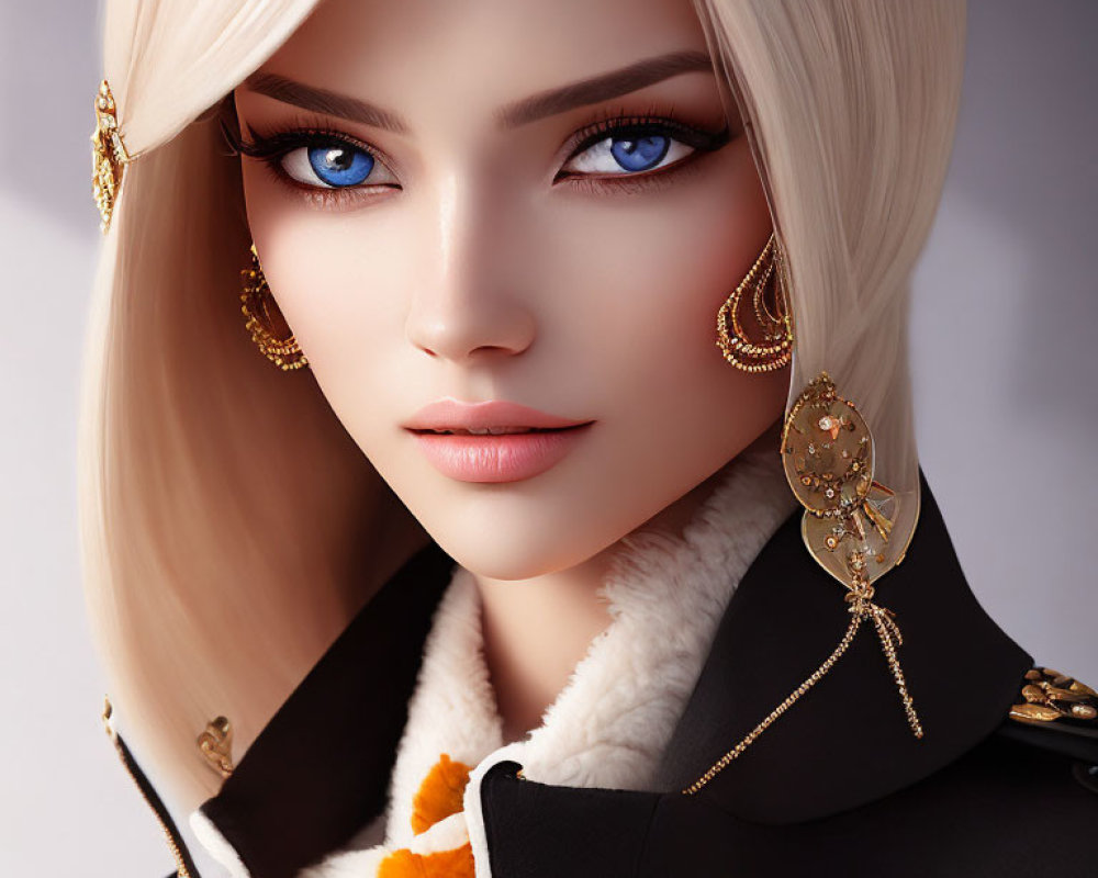 CG image of woman with blue eyes, blonde hair, gold jewelry, black military outfit