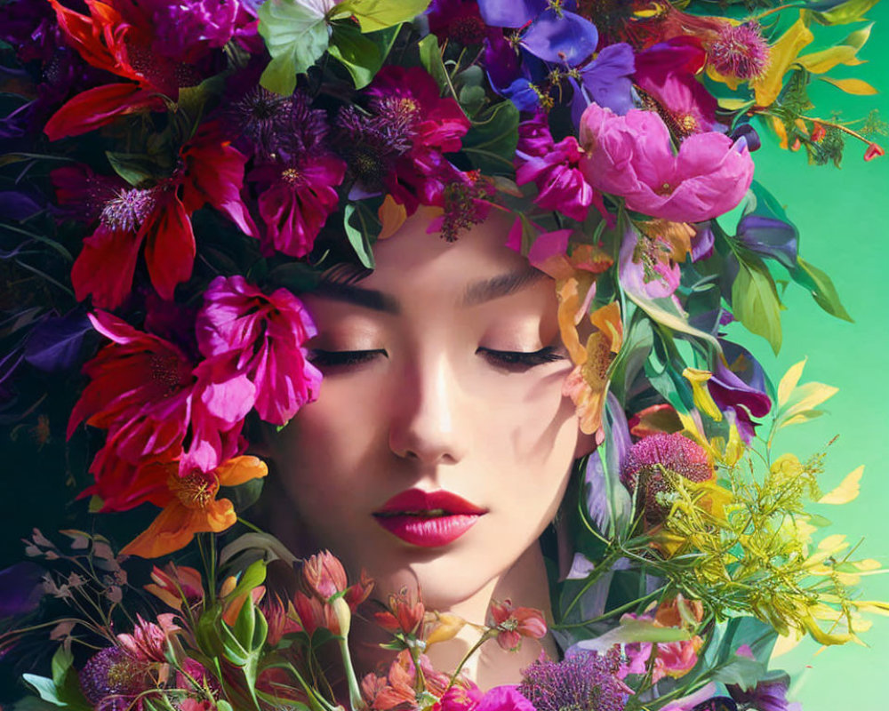 Portrait of Woman with Closed Eyes Surrounded by Multicolored Flower Headpiece