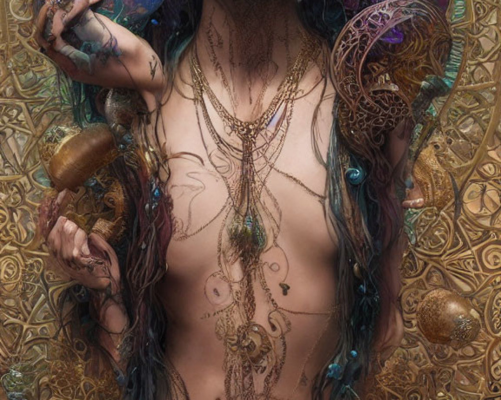 Ethereal being with ornate body art and jewelry holding cosmic spheres