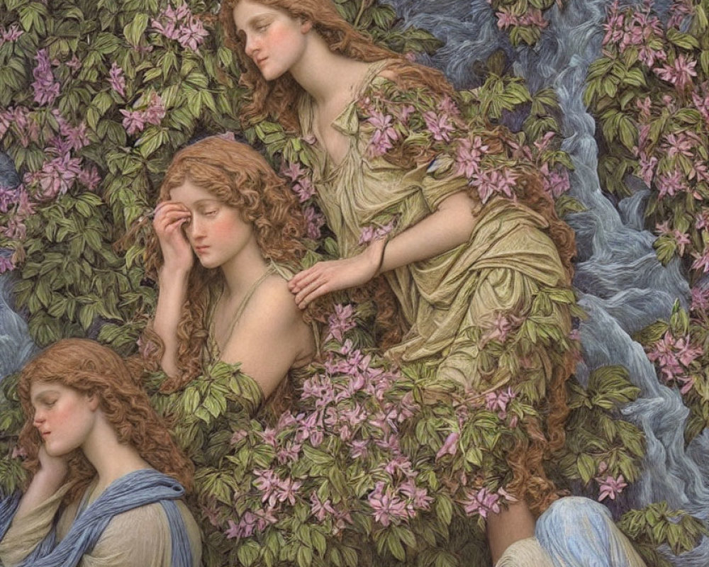 Ethereal women in flowing gowns amid lush greenery