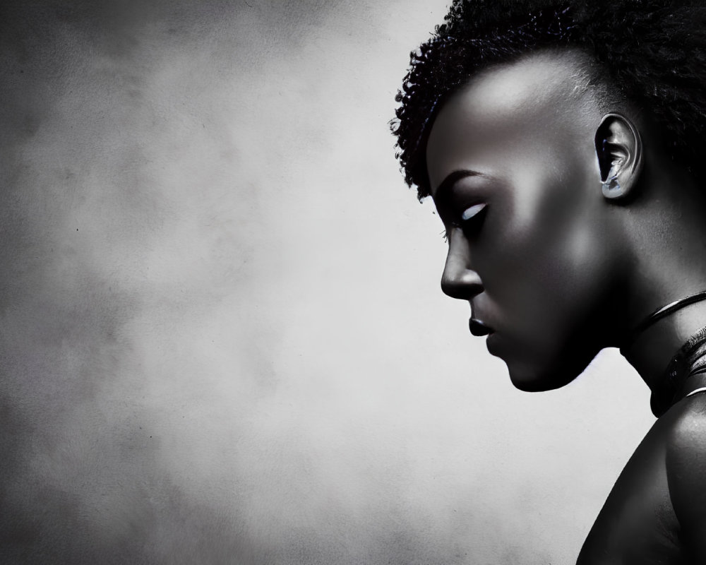 Portrait of Woman with Dark Skin and Short Curly Hair in Metallic Choker on Textured Gray Background