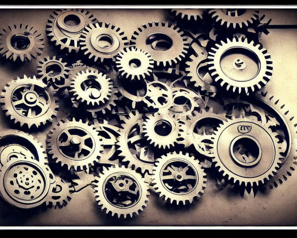 Collection of interlocking mechanical gears in vintage sepia tones