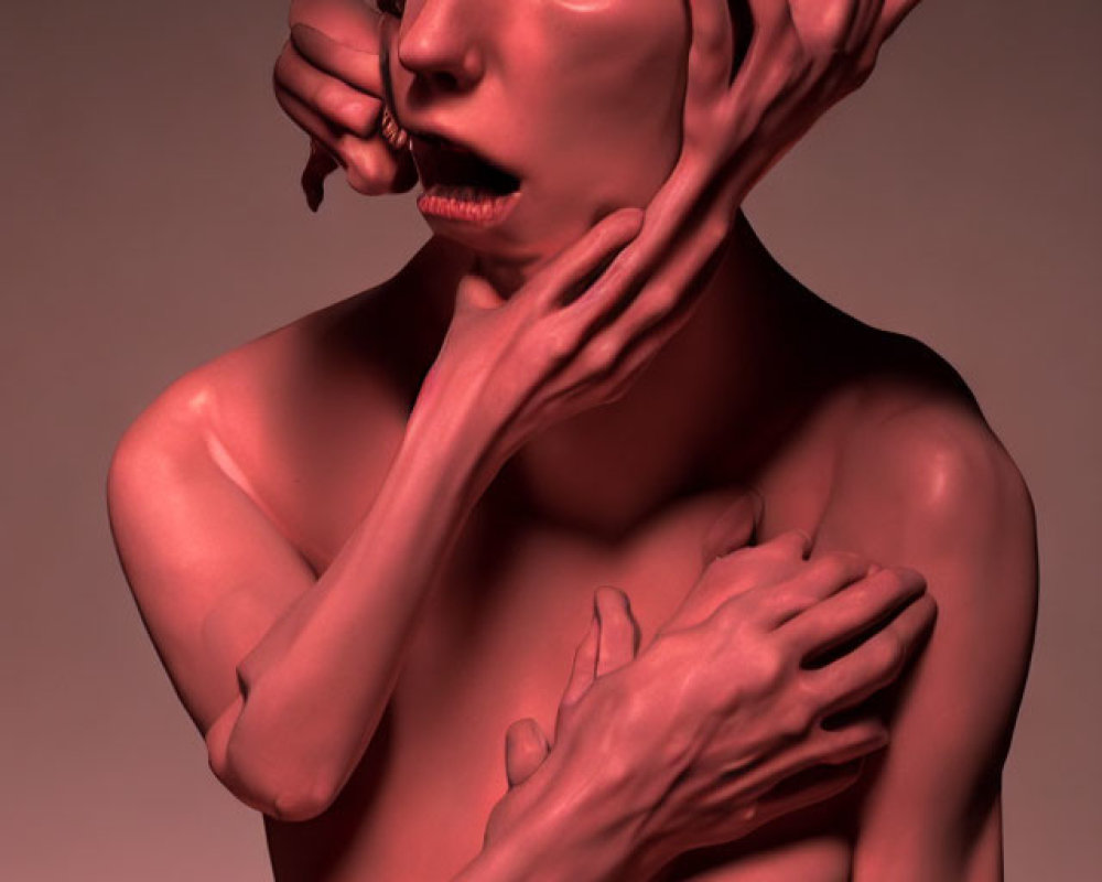 Exaggerated surreal portrait with distorted features and octopus motif