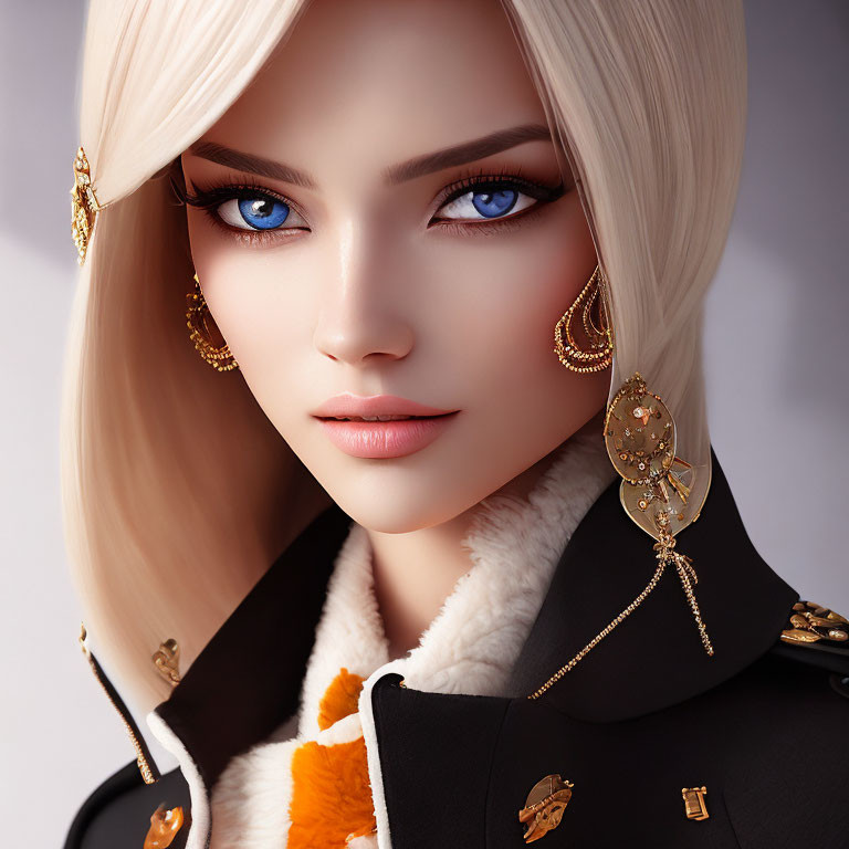 CG image of woman with blue eyes, blonde hair, gold jewelry, black military outfit