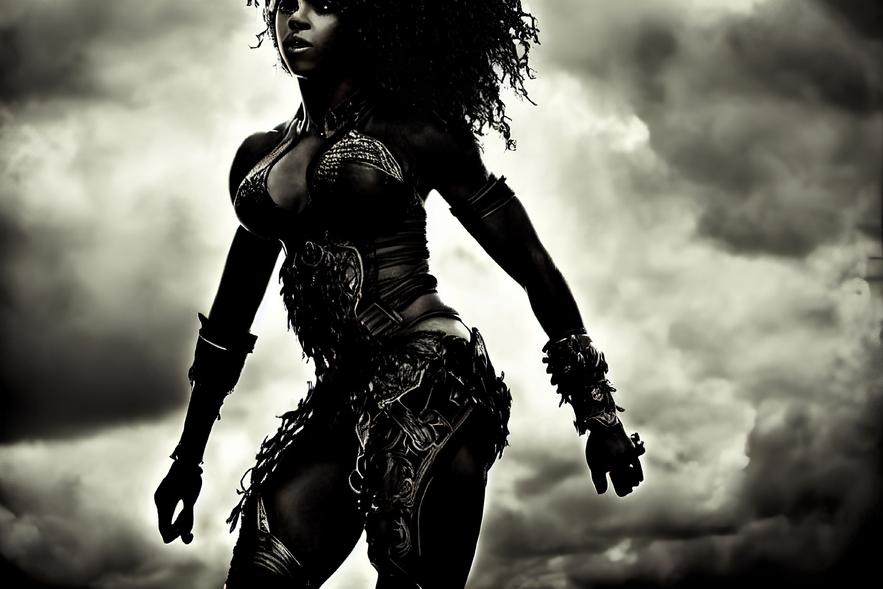 Woman in dramatic warrior costume with ornate armor poses confidently under brooding sky