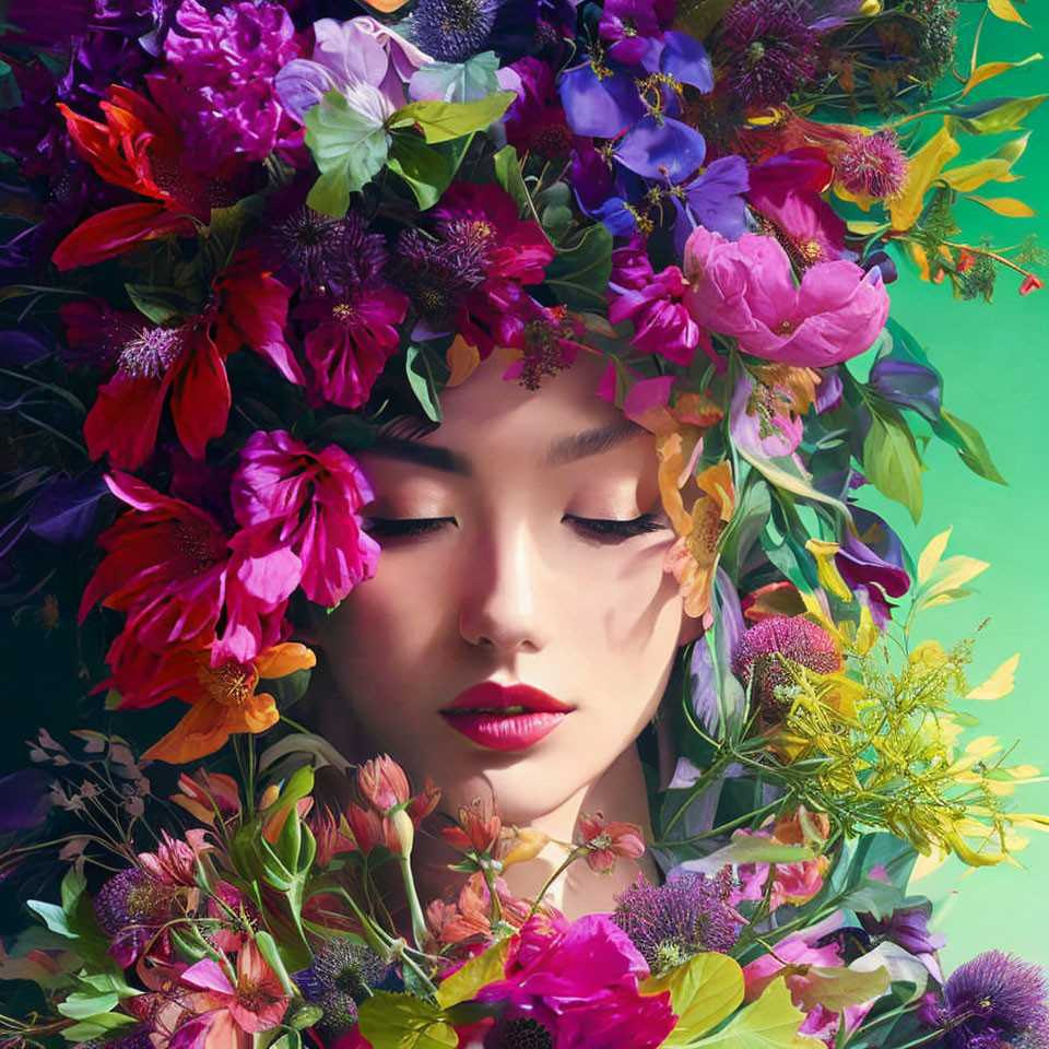 Portrait of Woman with Closed Eyes Surrounded by Multicolored Flower Headpiece