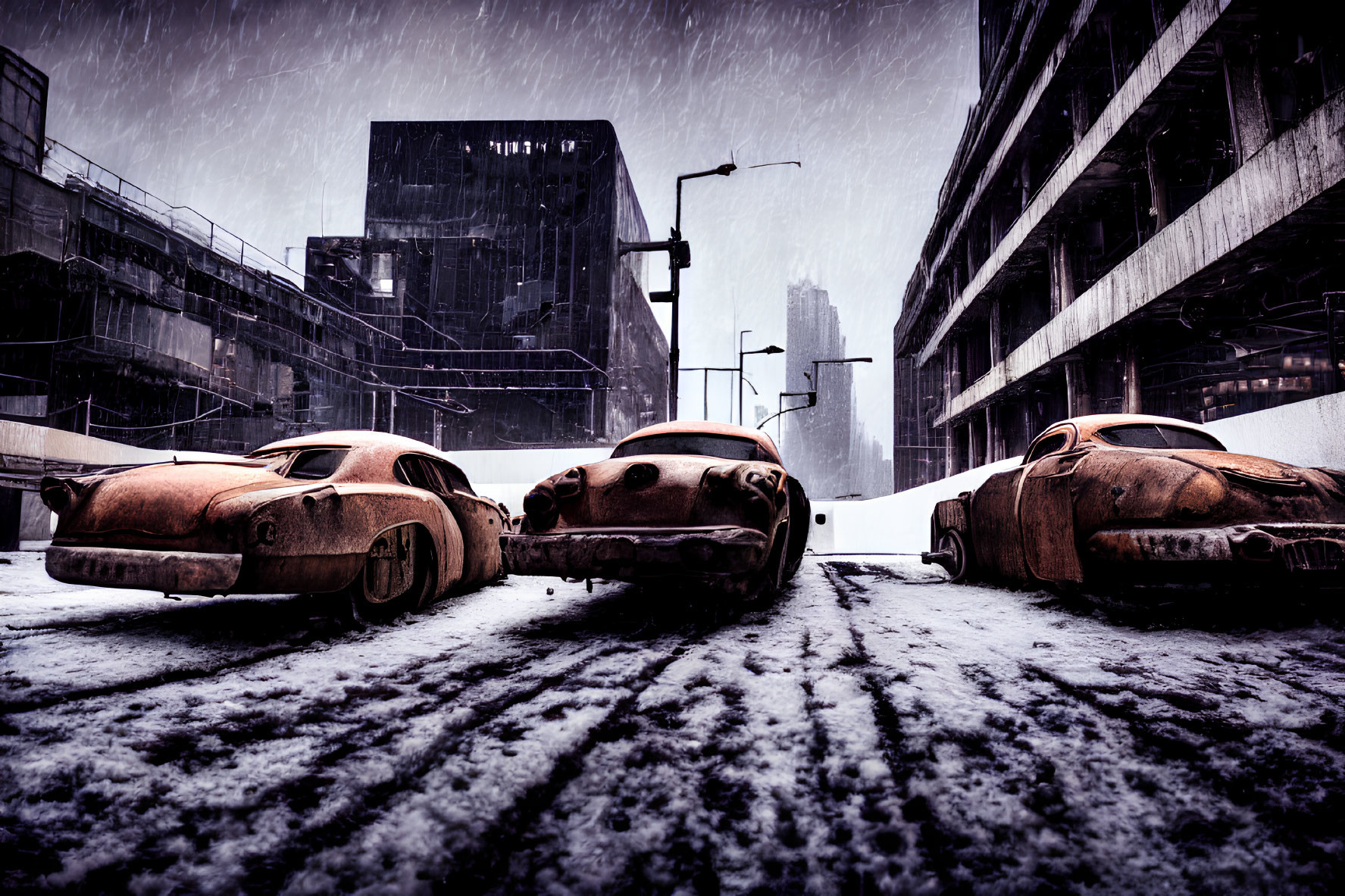 Abandoned cars in snow-covered urban street with dimly lit buildings