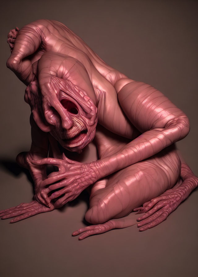 Distorted humanoid creature with exaggerated features and multiple limbs in scream pose