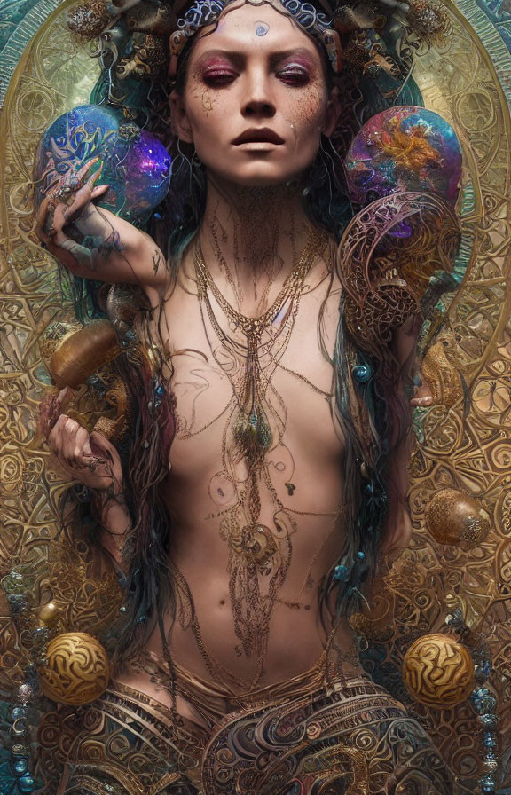 Ethereal being with ornate body art and jewelry holding cosmic spheres