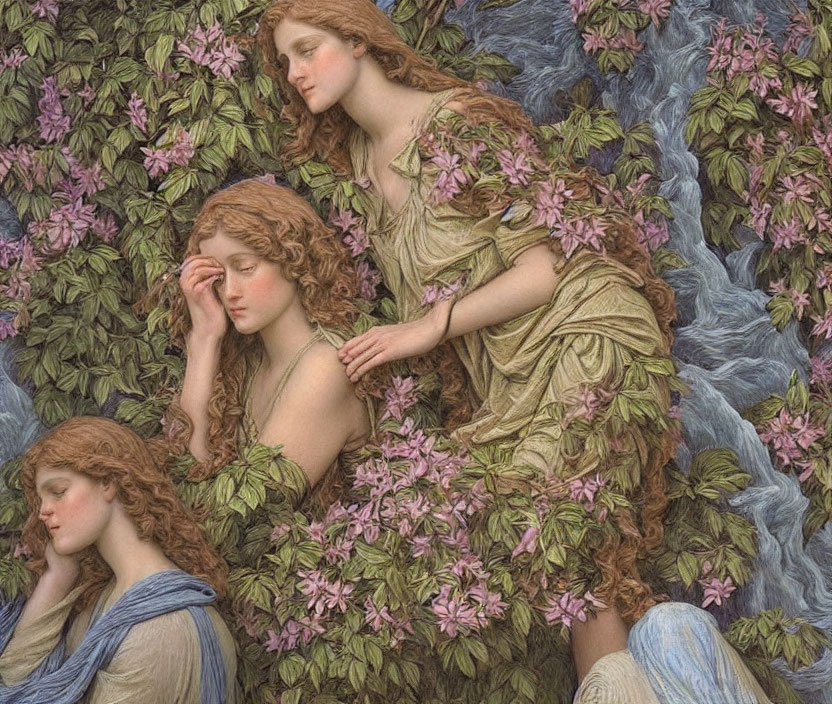 Ethereal women in flowing gowns amid lush greenery