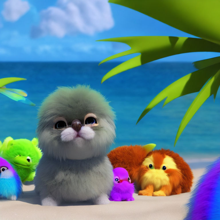 Fluffy Creatures on Sunny Beach with Palm Leaves and Blue Sky