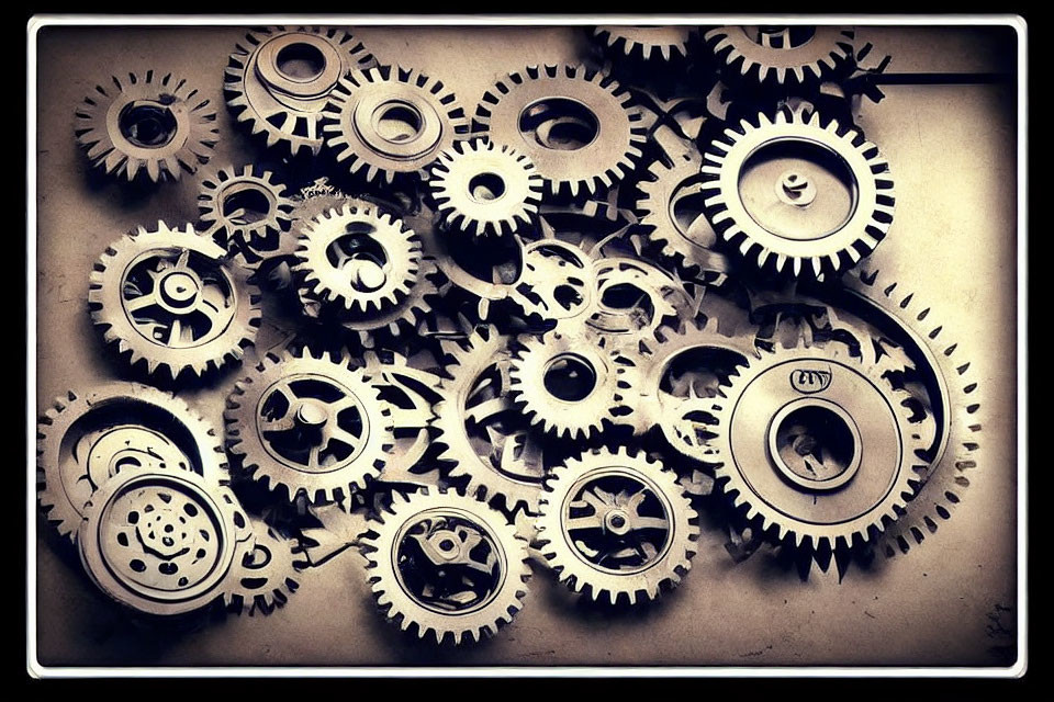 Collection of interlocking mechanical gears in vintage sepia tones