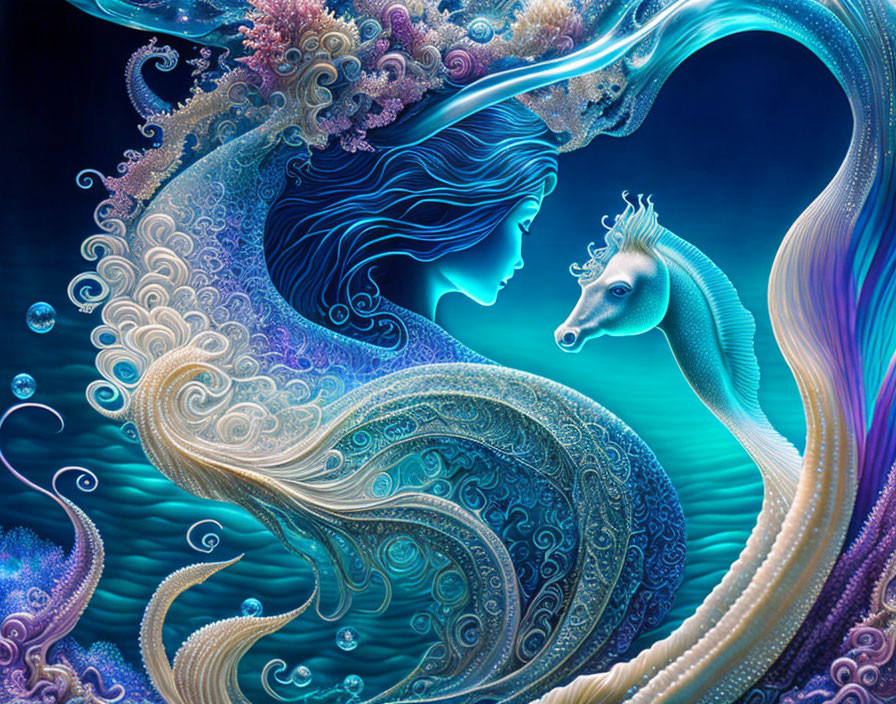 Fantastical image of woman merging with seahorse in vibrant tones