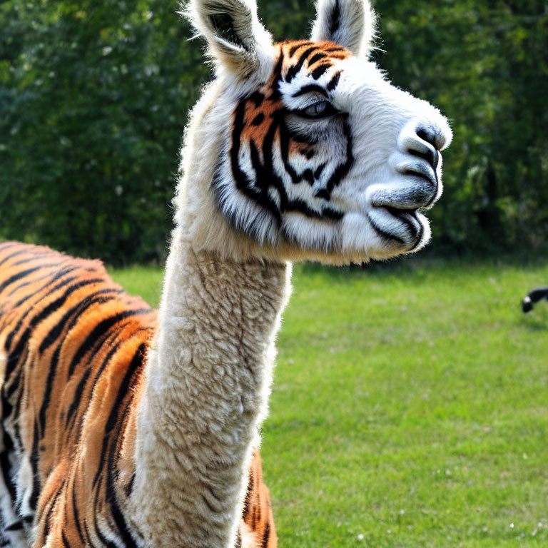 Hybrid Animal: Llama Body with Tiger Head and Stripes in Grass Field