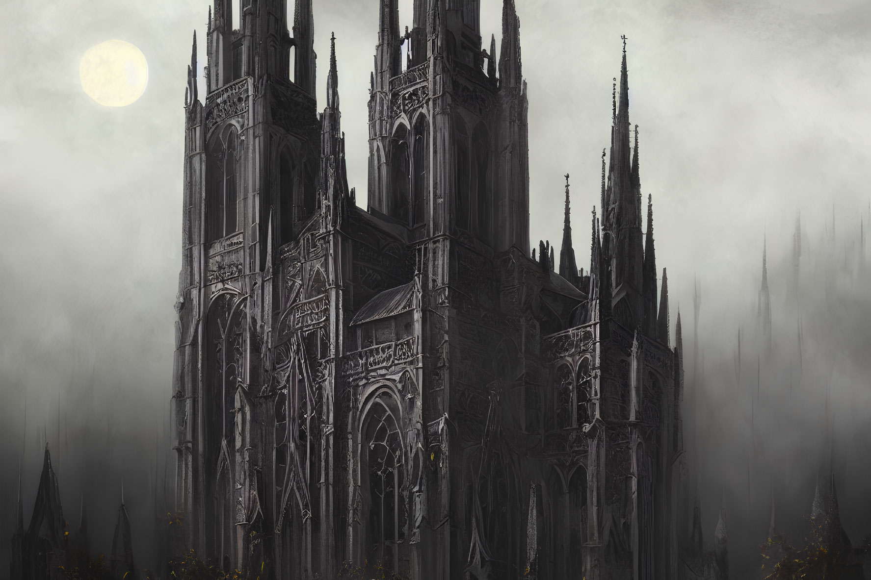 Gothic cathedral with intricate architecture in misty moonlight