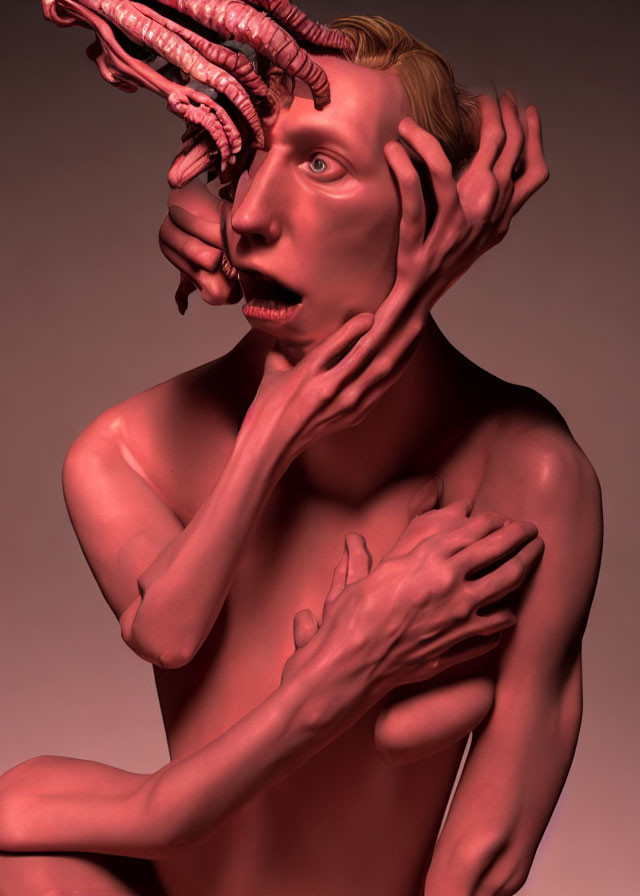 Exaggerated surreal portrait with distorted features and octopus motif