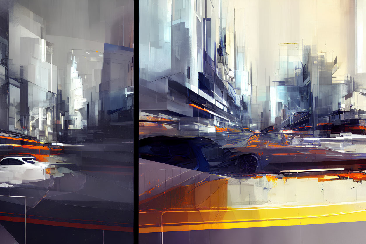 Futuristic cityscape digital art with blurred motion and white, gray, orange palette